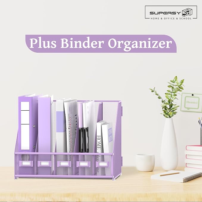 SUPEASY Desk Organizers Metal Desk Magazine File Holder with 5 Vertical Compartments Rack File Organizer for Office Desktop, Classroom, Home Workspace, Purple Plus