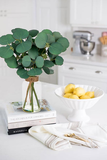 Briful Artificial Eucalyptus Stems in Clear Glass Vase with Faux Water, 14" Fake Plant Eucalyptus Leaves for Home Office Farmhouse Wedding Centerpiece Décor