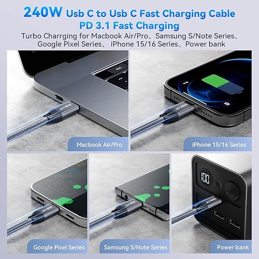 ULT-WIIQ 2FT USB C to USB C 3.2 Gen 2 x 2 Video Cable for Portable Monitor, 4K@144/120/60Hz 8K Display Cable, 20Gbps Data Transfer, PD 3.1 240W Fast Charging, for iPhone 17, MacBook, SSD, CarPlay