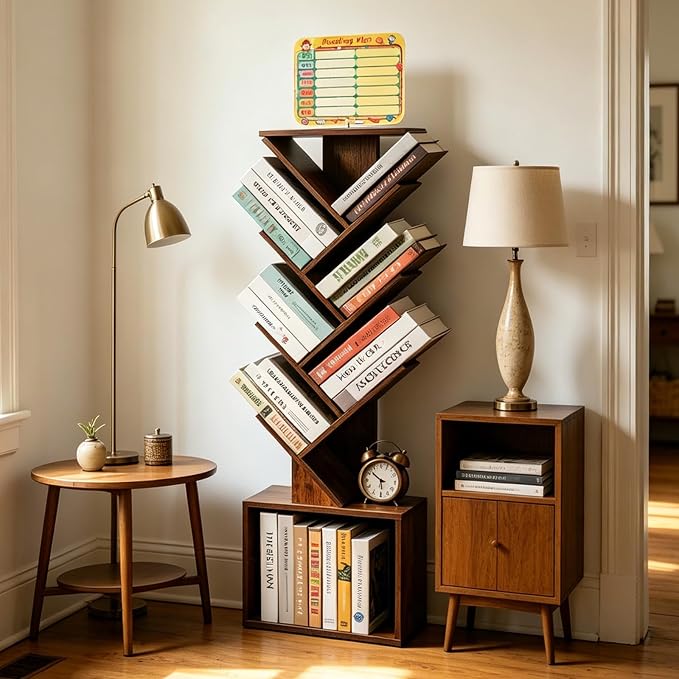 7 Tier Tree Book shelf, Small Bookcase with Reading Planner and Activity Panel, Modern Floor Standing Corner Tall Narrow Storage Cabinet Bookshelves for Home Office Bedroom Living Room (Rustic Brown)