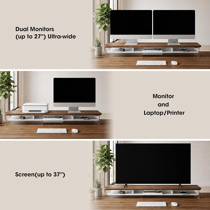 Fenge Acrylic Monitor Stand Riser, 42.5 Inches Dual Monitor Stand with Metal Storage, 2 Tier Acrylic Computer Riser for Desk, Clear Laptop Stand for PC, Laptop, Printer, TV, Brown