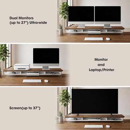 Fenge Acrylic Monitor Stand Riser, 42.5 Inches Dual Monitor Stand with Metal Storage, 2 Tier Acrylic Computer Riser for Desk, Clear Laptop Stand for PC, Laptop, Printer, TV, Brown