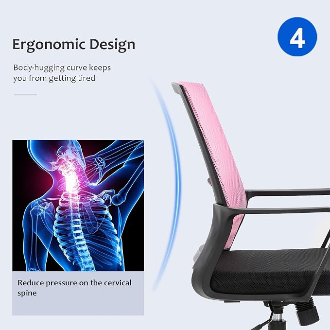 Ergonomic Desk Task Chair Mid-Back Mesh Home Office Swivel Chair Modern Executive Chair with Wheels Armrests Lumbar Support (Pink)