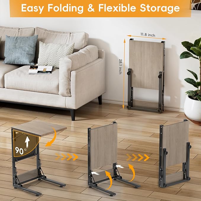 Folding TV Tray Table, Small Folding Side Table with Storage Bag, Portable C Shaped End Table for Couch Sofa Bed, Oak Gray