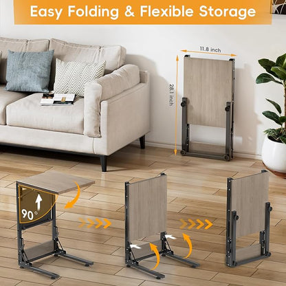 Folding TV Tray Table, Small Folding Side Table with Storage Bag, Portable C Shaped End Table for Couch Sofa Bed, Oak Gray