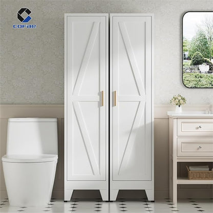 COFaR 67'' Tall Narrow Bathroom Storage Cabinet, Metal Farmhouse Skinny Pantry Cabinet with 4 Adjustable Shelves and One Door, Slim Cabinet Storage for Kitchen Laundry Garage, 5-Tier White