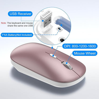 Wireless Keyboard and Mouse Combo, Full Size Keyboard and Mouse, Long Battery Life, Optical Mouse, 2.4G Lag-Free Cordless Mice Keyboard Set Ultra Slim Design for Computer, Laptop, PC, Mac (Pink)