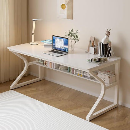 OSCHF Extra Long Desk with Bookshelf - 55" Double Long Writing Table for 2-Person Workstation, Modern Study Work Computer Desk for Home and Office, Warm White