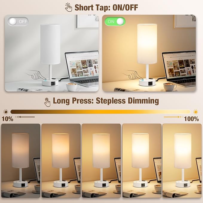 Touch Bedside Table Lamp with Memory - Stepless Dimmable Lamp for Bedroom, Small Nightstand Lamp with Dual USB Charging Ports and AC Outlet, Wood Night Light, Desk Lamp for Nursery (White & White)