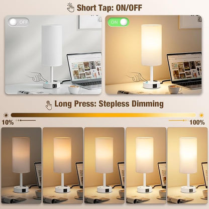 Touch Bedside Table Lamp with Memory - Stepless Dimmable Lamp for Bedroom, Small Nightstand Lamp with Dual USB Charging Ports and AC Outlet, Wood Night Light, Desk Lamp for Nursery (White & White)