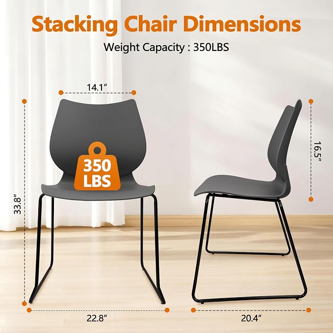 KLASIKA Stacking Waiting Room Chairs, Stacked Plastic Office Chair with Ergonomic Lumbar Support and Metal Legs for Conference School Church Guest Reception Set of 8, Grey