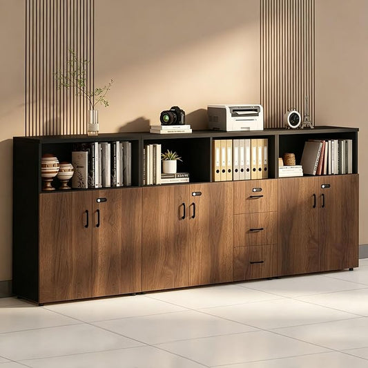 File Cabinet with Password Lock, Wood Lateral Filing Cabinet for Letter/A4 Files, 3 Drawer with Door, Printer Stand with Open Shelves for Home Office