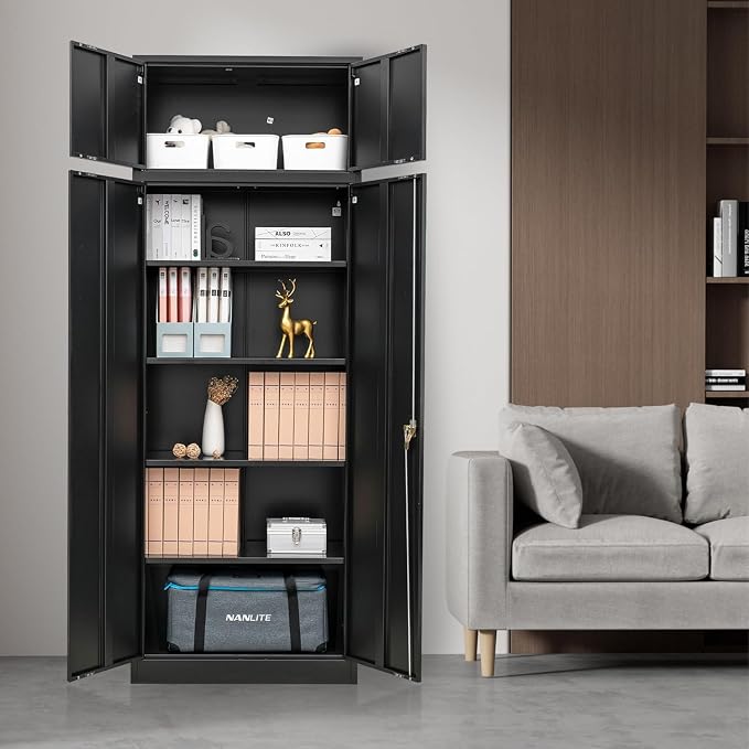 Metal Storage Cabinet, 87 Inch Tall Locking Cabinet with Top Cabinet, Heavy Duty Garage Cabinet with Doors and 4 Adjustable Shelves, Pantry Cabinets for Office, Garage, Home-Black
