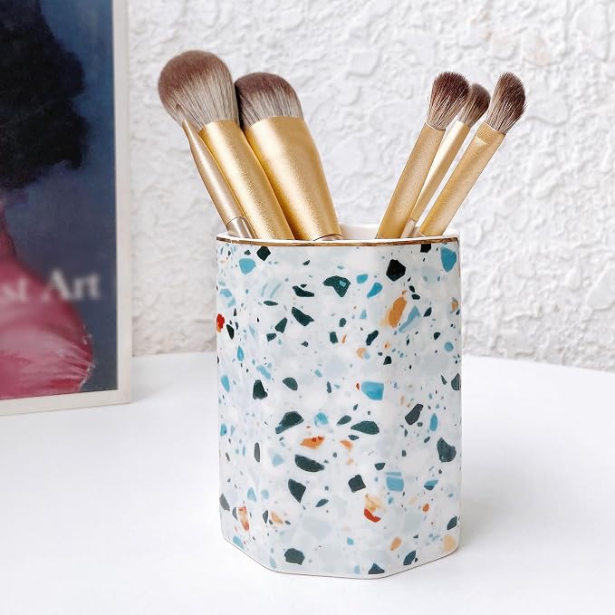Pen Holder, Makeup Brush Holder Ceramic Gold Nordic Terrazzo Marble Pattern Pencil Cup for Girls Kids Women Durable Desk Organizer Storage Gift for Office, Classroom, Home Modern Light Blue