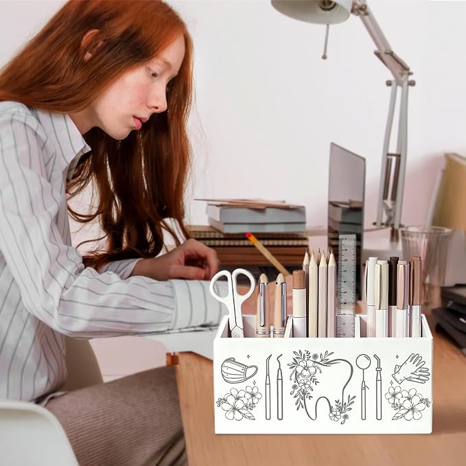 Dentist Gifts Pen Pencil Holder for Desk, Dental Hygienist Gifts for Women, Dental Assistant Gift, Dentist Floral Wooden Box Sign Decorations for Office Workplace Desk Tabletop