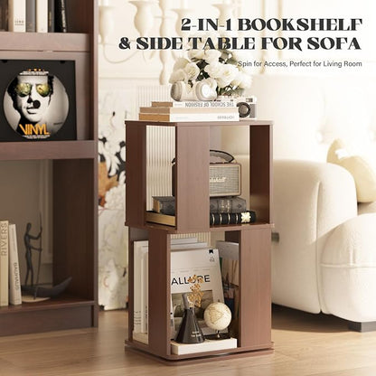 Easyego 2 Tier Solid Wood Rotating Bookshelf, 360° Upgrade Spinning Book Shelf, Revolving Bookcase Organizer, Swivel Bookshelves for Small Spaces, Corner, Bedroom, Kids Room, Office (Walnut)