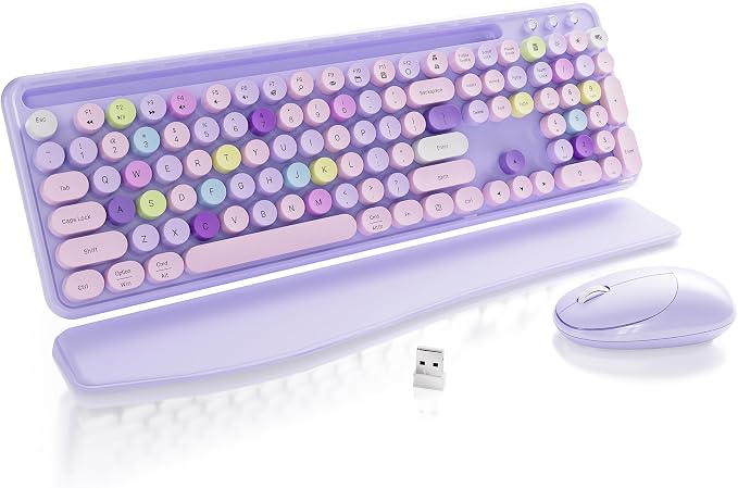 Wireless Keyboard and Mouse, Colorful 104-Key QWERTY with Round Keys, Phone Holder, Wrist Rest, Power Buttons, 2.4GHz USB for PC Laptop (Purple Colorful)