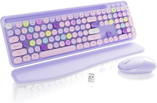 Wireless Keyboard and Mouse, Colorful 104-Key QWERTY with Round Keys, Phone Holder, Wrist Rest, Power Buttons, 2.4GHz USB for PC Laptop (Purple Colorful)