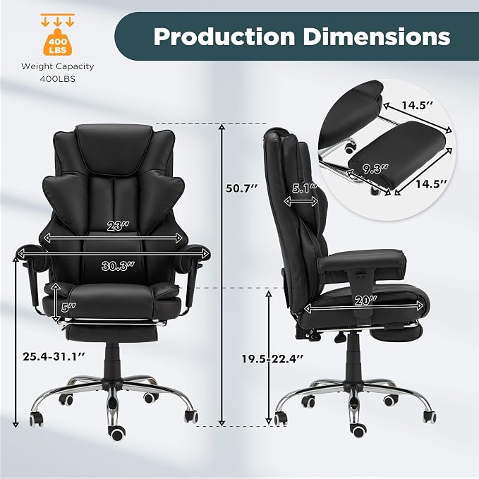 HOMREST Ergonomic Executive Chair with 6-Point Vibration & Heat, Reclining PU Leather Big & Tall Desk Chair, Retractable Footrest & Adjustable Armrest for Home Office Gaming Study, Black