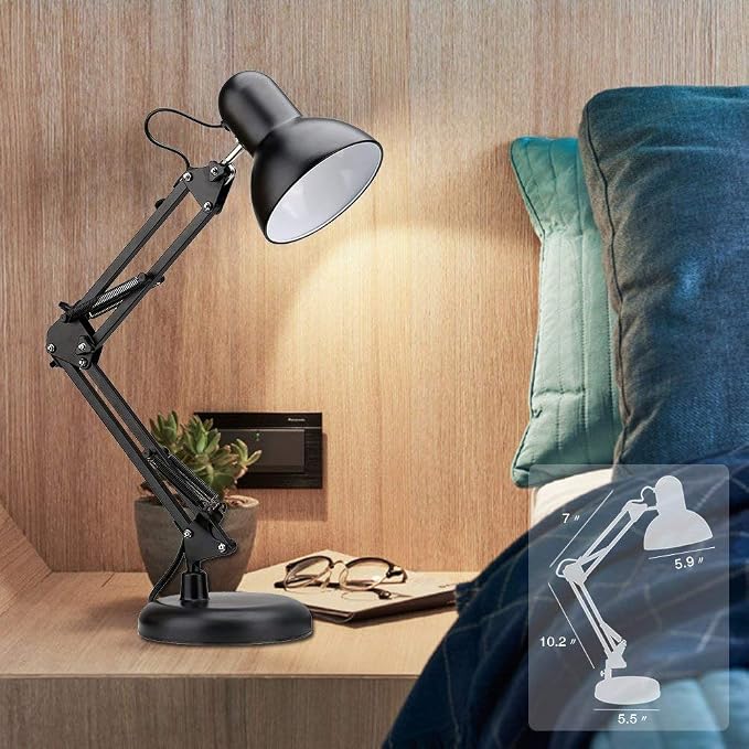 PowerKing Metal Swing Arm Desk Lamps, Adjustable and Flexible, Feading with Base and Clip 2-in-1 Function, Fit E26&E27 Bulbs Base, Application in Bedroom Living Room, Office Home (Black)