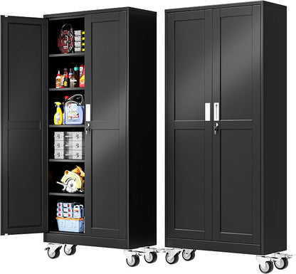 PAOFIN 75''H Metal Garage Storage Cabinet with Wheels,Steel File Cabinets with 2 Doors and 5 Adjustable Shelves for Home Office, Warehouse, Required Assembly,Black
