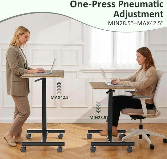 Adjustable Height Mobile Standing Desk with Lockable Casters, Rolling Sit Stand Laptop Computer Desk, Portable Compact Workstation for Home Office Dorm, Brown