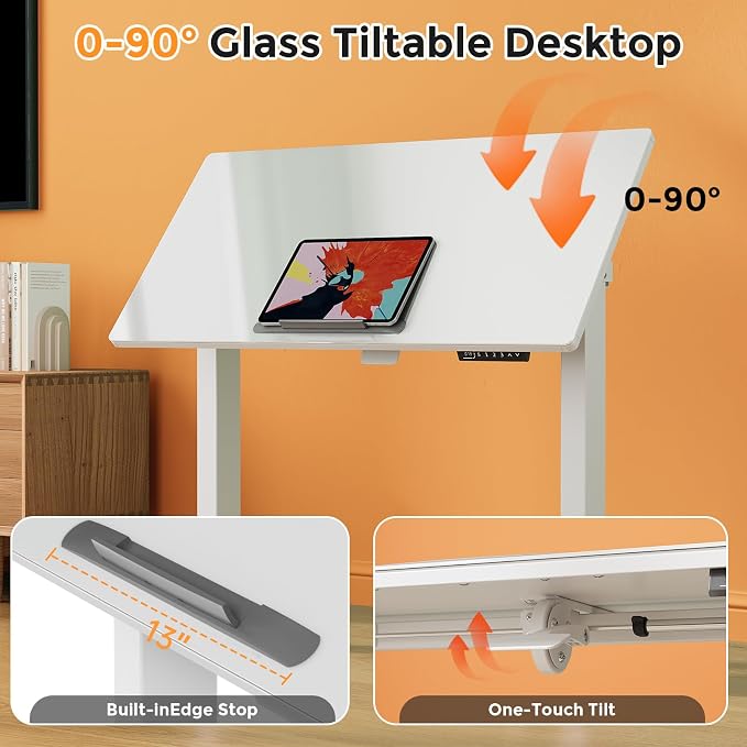 40inch Glass Standing Desk, 90° Tiltable Drafting Table Height Adjustable, Whole Piece Rolling Laptop Desk with Wheels, Foldable Mobile Rising Desk for Working, Drawing, Crafting, White