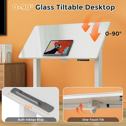 40inch Glass Standing Desk, 90° Tiltable Drafting Table Height Adjustable, Whole Piece Rolling Laptop Desk with Wheels, Foldable Mobile Rising Desk for Working, Drawing, Crafting, White