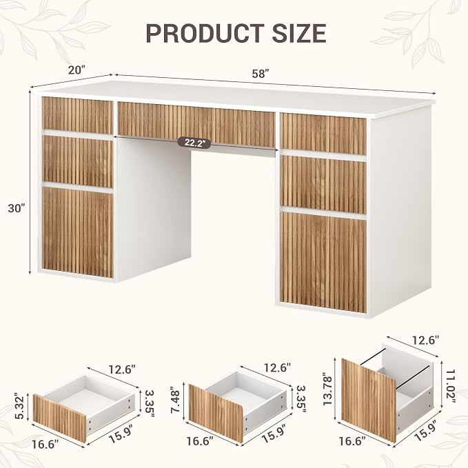 4 EVER WINNER 58 Inch White Desk with Drawers, Home Office Desks with 7 Storage Drawers, Executive Desk with File Cabinet for Bedroom Study Work Table Writing, White and Walnut