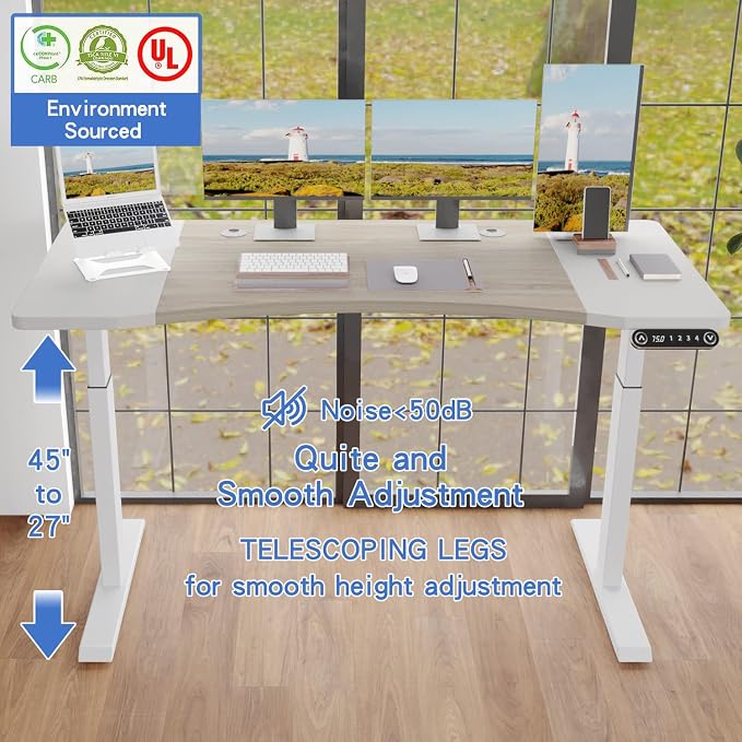Dual Motor 63x30 Height Adjustable Electric Standing Desk,Height Stand Up Computer Desk,Sit and Stand Home Office Desk with Splice Board(Oak+White Top, White Frame)