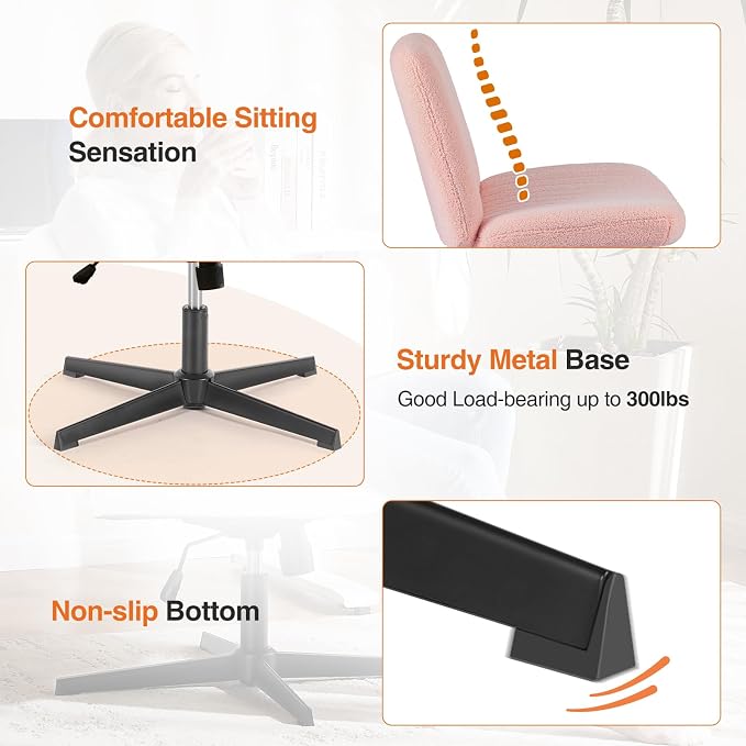 Sweetcrispy Criss Cross Chair Legged, Furry Armless Office Swivel Desk Chairs No Wheels, Vanity Height Adjustable Wide Seat Comfy Cute Computer Task Chair for Home Bedroom, Teddy Pink