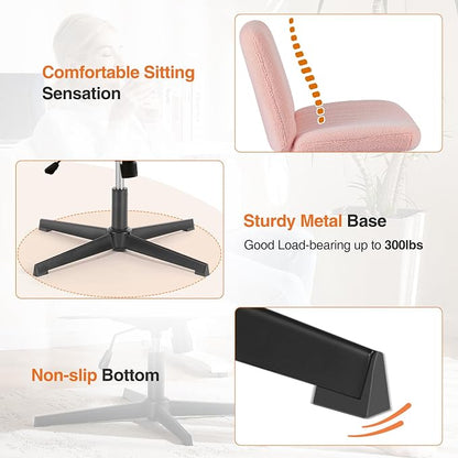 Sweetcrispy Criss Cross Chair Legged, Furry Armless Office Swivel Desk Chairs No Wheels, Vanity Height Adjustable Wide Seat Comfy Cute Computer Task Chair for Home Bedroom, Teddy Pink