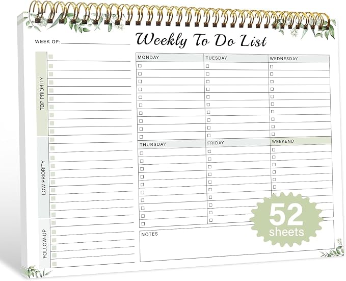 Weekly To Do List Notepad with 52 Undated Sheets（8.5"×11"）- Undated Weekly Desk Planner for Women & Man, School/Office Supplies