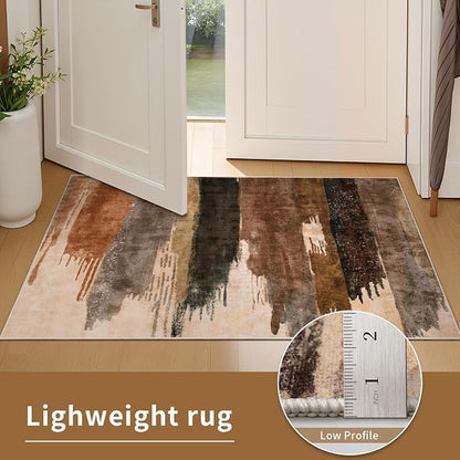 Ciicool 6ft Round Washable Rug, Modern Abstract Circle Rugs, Non-Slip Thin Lightweight Rug Brown Black Circular Print Distressed Carpet for Bedroom Living Room Under Dining Table Home Office Decor