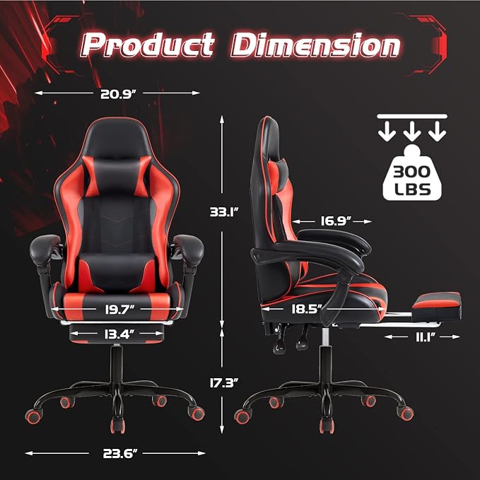 Shahoo Gaming Chair with Footrest and Massage Lumbar Support, Ergonomic Computer Chairs 360°Swivel and Height Adjustable Seat with Headrest for Office or Bedroom, Study Room, Red