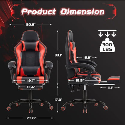 Shahoo Gaming Chair with Footrest and Massage Lumbar Support, Ergonomic Computer Chairs 360°Swivel and Height Adjustable Seat with Headrest for Office or Bedroom, Study Room, Red