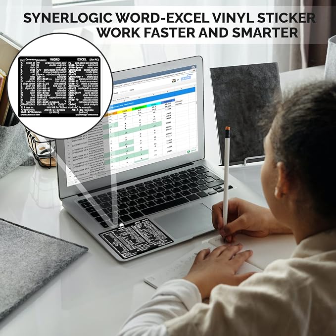 SYNERLOGIC Microsoft Word/Excel (for Windows) Reference Guide Keyboard Shortcut Sticker, Laminated, No-Residue Vinyl (Black/Small)