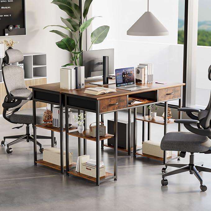 OLIXIS 48 Inch Desk with Storage Fabric Drawers, Home Office Computer Desk for Small Space Bedroom, Modern Study Work Gaming Writing PC Table, Finish for Compact Rooms, Brown