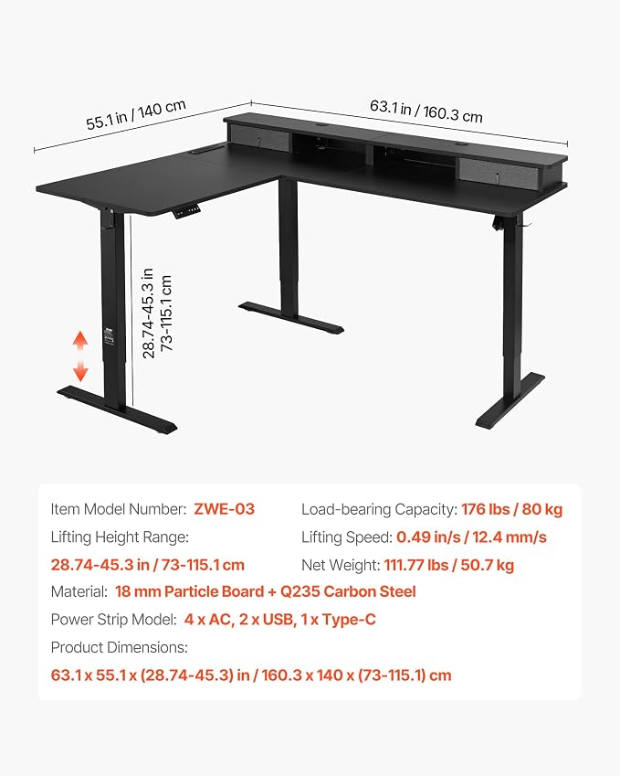 VEVOR L Shaped Electric Standing Desk with 2 Drawers, 63 x 55 inch Adjustable Height Corner Desk with Storage, Sit Stand up Computer Table with Light Strips for Office Home, Easy to Assemble, Black