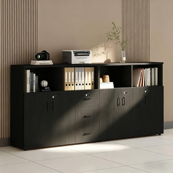 File Cabinet with Password Lock, Wood Lateral Filing Cabinet for Letter/A4 Files, 3 Drawer with Door, Printer Stand with Open Shelves for Home Office