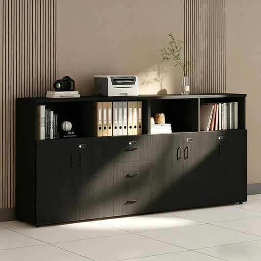 File Cabinet with Password Lock, Wood Lateral Filing Cabinet for Letter/A4 Files, 3 Drawer with Door, Printer Stand with Open Shelves for Home Office