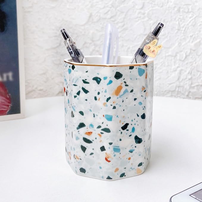 Pen Holder, Makeup Brush Holder Ceramic Gold Nordic Terrazzo Marble Pattern Pencil Cup for Girls Kids Women Durable Desk Organizer Storage Gift for Office, Classroom, Home Modern Light Blue