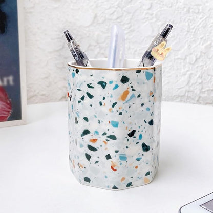 Pen Holder, Makeup Brush Holder Ceramic Gold Nordic Terrazzo Marble Pattern Pencil Cup for Girls Kids Women Durable Desk Organizer Storage Gift for Office, Classroom, Home Modern Light Blue
