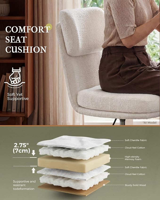 COMHOMA Home Office Desk Chairs with Ergonomic Curved Backrest, Mid Century Modern Vanity Chair with Wheel for Bedroom, Chenille Upholstered, White