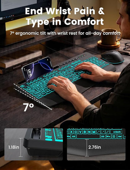 SABLUTE KM21Pro Wired Keyboard and Mouse Combo, 4X Larger Print Backlit Keys, Palm Rest, Ergonomic Design, USB Plug & Play for Windows PC Laptop, Ideal for Seniors, Students, Home & Office