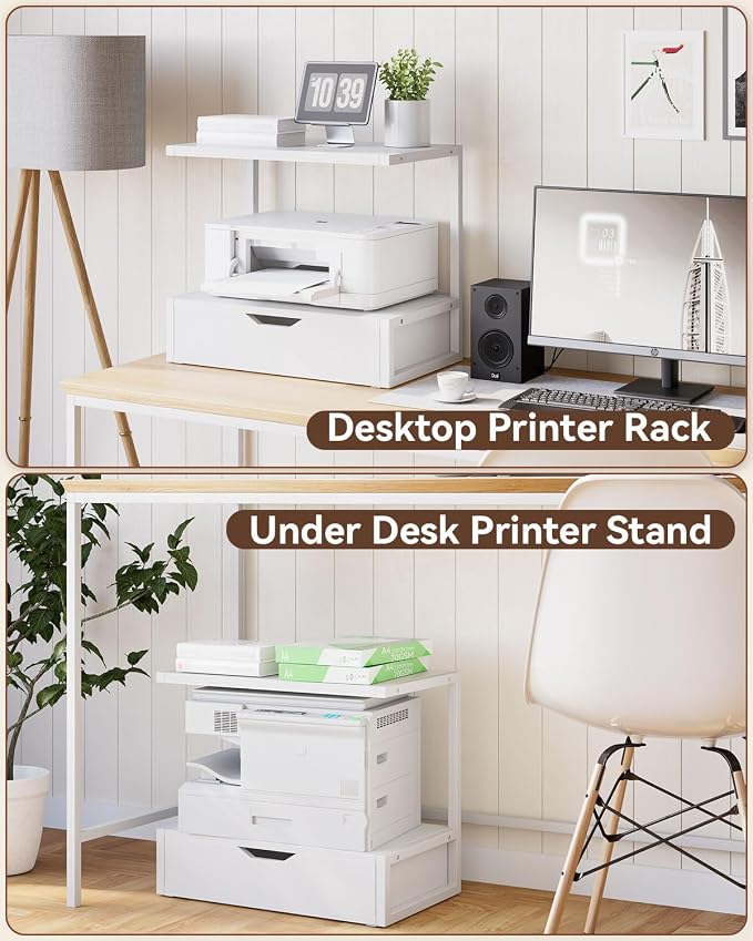 IBUYKE 2 Tier Desktop Printer Stand,Printer Table with Storage Shelf,Multi-Purpose Desk Organizer for Folders,Books,for Fax Machine, Scanner,Home Office,White TLJ015W