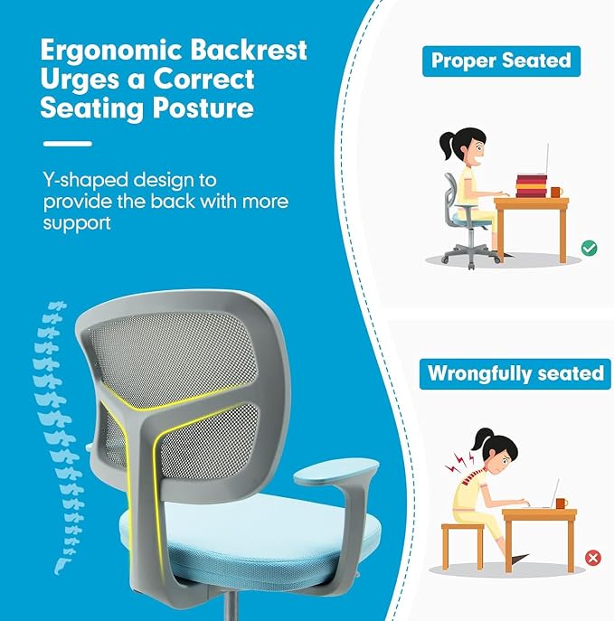 Kids Desk Chair, Height Adjustable Children Study Chair w/Lumbar Support, Swivel Mesh Seat, Universal Casters, Ergonomic Kids Task Chair for Boys Girls Aged 3-10, Home, School, Office(Blue)