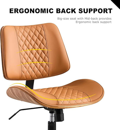 BV Mid Century Office Chair, Armless Small Desk Chair with Bentwood Back and Wheels, Swivel Task Chair for Compact Spaces, Faux Leather Upholstery, No Arms Mid Back Design, Brown