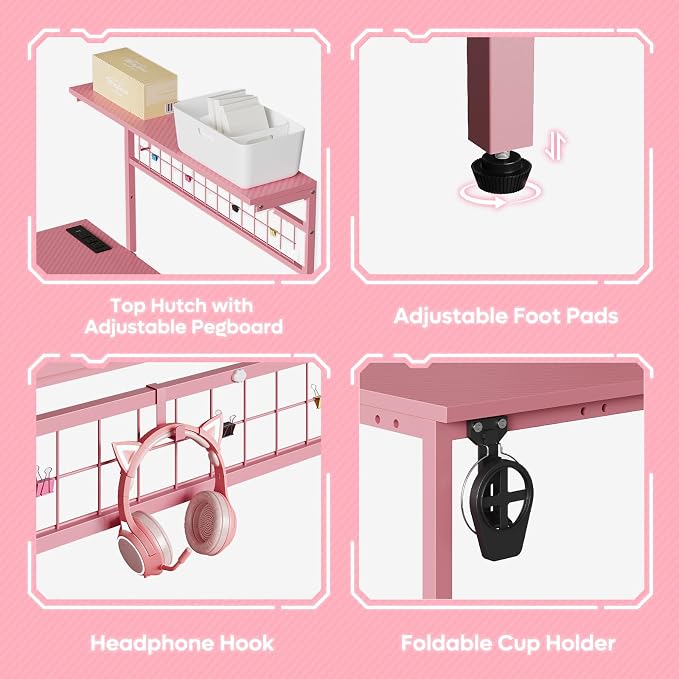 Bestier 42 L Gaming Desk,Computer Desk with Power Outlets, LED Lights, Reversible Corner Desk with 4-Tier Shelves,Cup Holder & Hook Carbon Fiber Pink