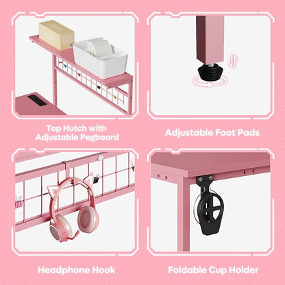 Bestier 42 L Gaming Desk,Computer Desk with Power Outlets, LED Lights, Reversible Corner Desk with 4-Tier Shelves,Cup Holder & Hook Carbon Fiber Pink